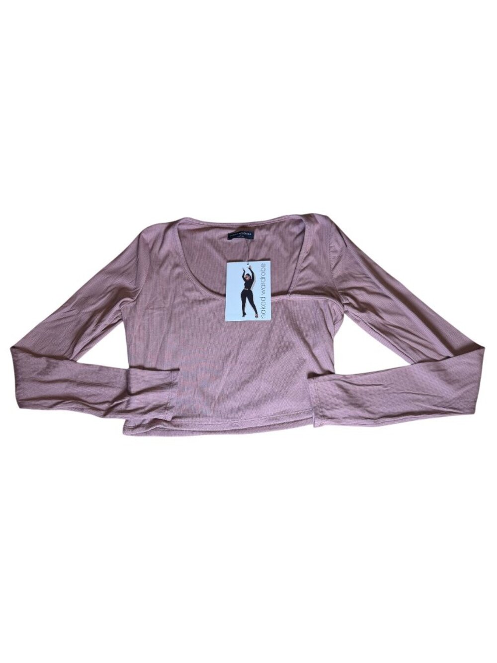 Naked Wardrobe Tan Scoop Neck Long Sleeve Ribbed Crop Top Women's Size Lg NWT!